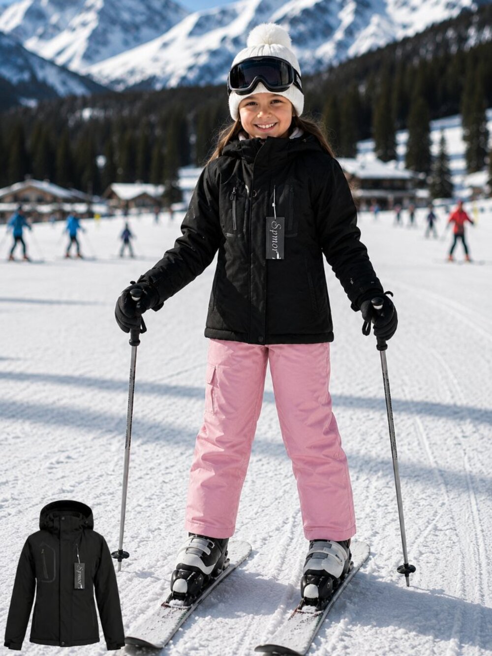 Spmor Kids Ski & Snowboard Winter Jacket Size 8 Detachable Hood Black